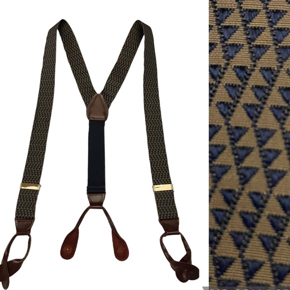 𝅺UNBRANDED Tan/Blue Geometric Pattern Textile and Leather Button On Suspenders - Picture 1 of 8